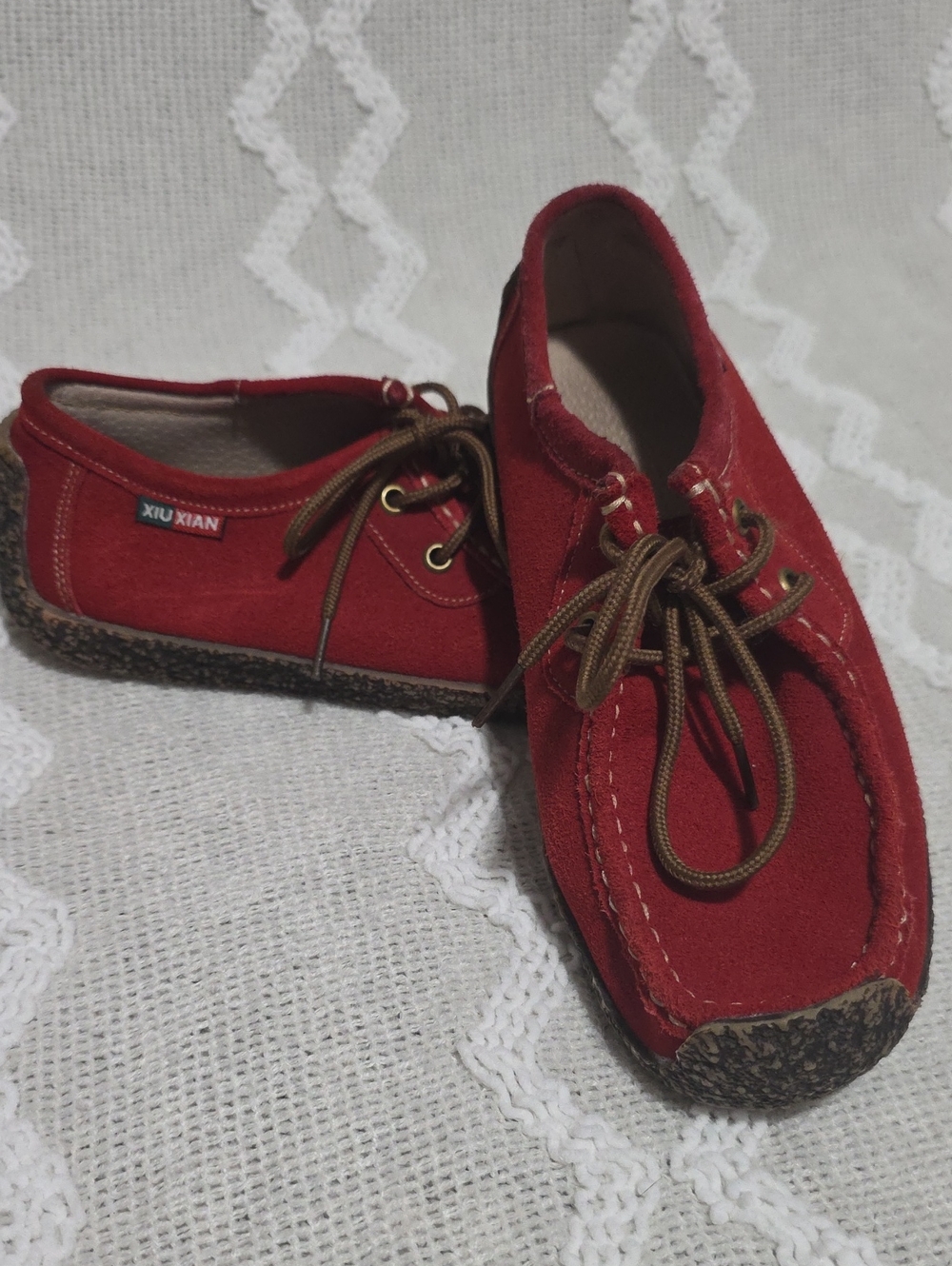 Boho Red Suede Lace Up Moccasin Flats Casual Comfort Loafers Womens Size 8